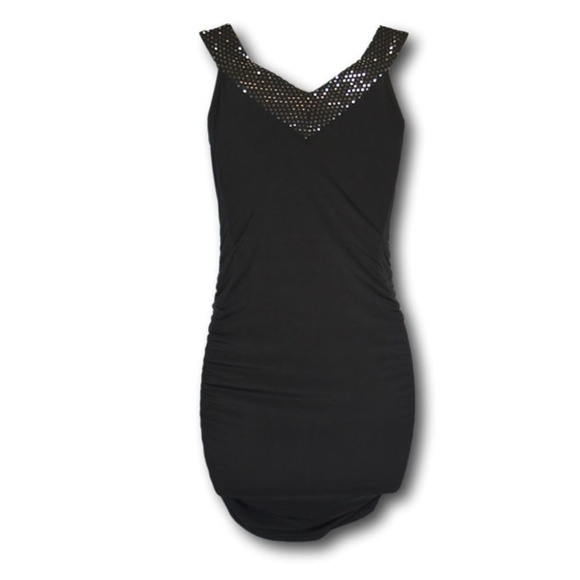 Wet Seal Black Bodycon Dress  Sequin Accent Evening Cocktail Neck M - Picture 3 of 3